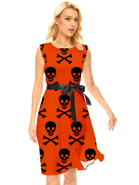 Milanoo Party Dresses Oragnge Red Jewel Neck Lace Up Sleeveless Halloween Printed Stretch Semi Forma