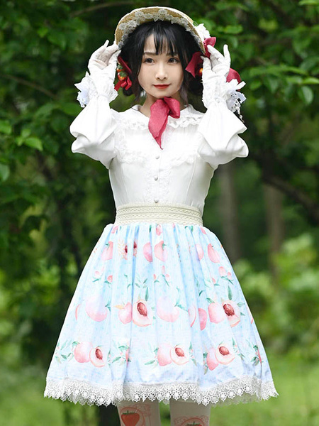 Image of Sweet Lolita Overskirt Frutta Stampa floreale Azzurro cielo Pizzo Quotidiano Casual Tea Party Gonne Sweet Lolita