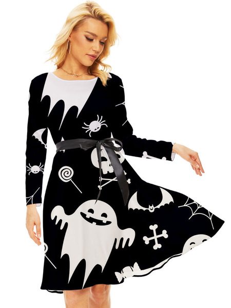 Milanoo Party Dresses Black Jewel Neck Lace Up Long Sleeves Halloween Ghost Printed Stretch Semi For