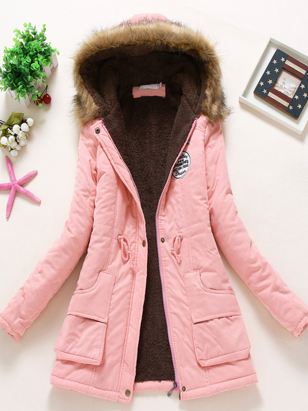 Milanoo Women Puffer Coats Light Pink Warmth Preservation Hooded Buttons Zipper Long Sleeves Outerwe