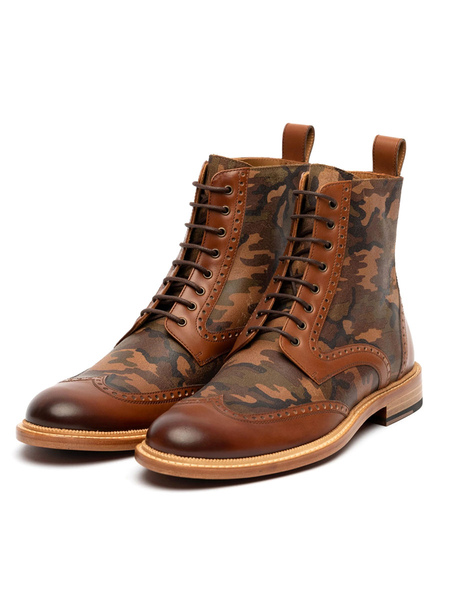 Milanoo Men's Wingtip Lace Up Camouflage Ankle Boots in Brown