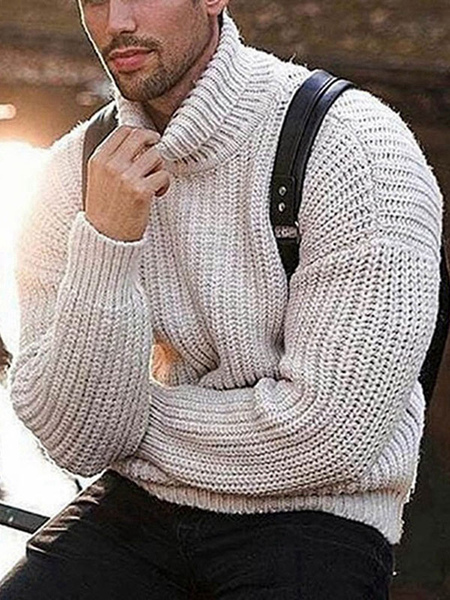 Milanoo Men\\\'s Sweaters Men\\'s Pullover Knitwear High Collar Winter ecru white ecru white