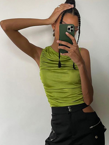 Milanoo Sexy Cami Top For Women Jewel Neck Sleeveless Pleated Polyester Light Green Summer Tops