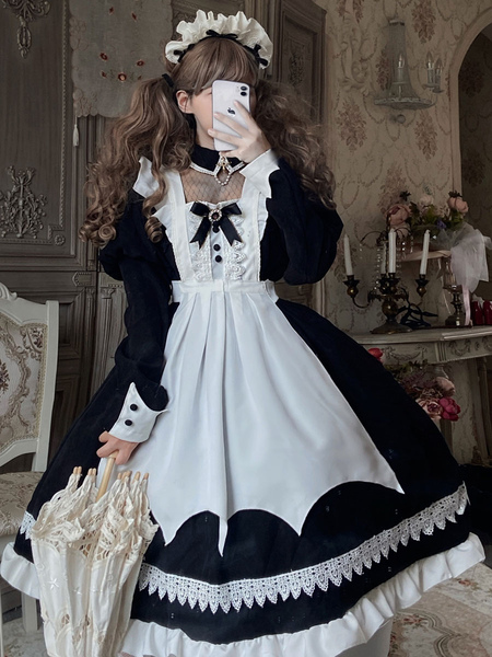 Milanoo Gothic Lolita JSK Dress 2-Piece Set Black Long Sleeves Ruffles Polyester White Apron Black L
