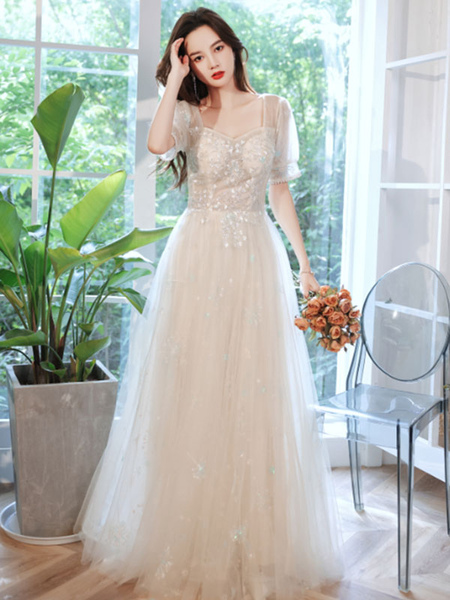 Milanoo Champagne Evening Dress A-Line Square Neck Lace Half Sleeves Applique Floor-Length Social Pa