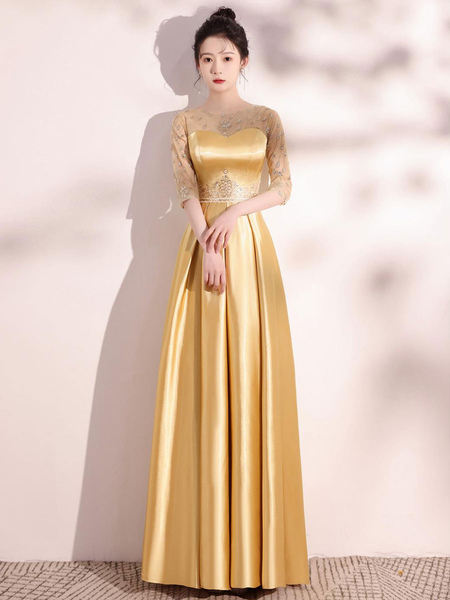 Milanoo Blond Evening Dress A-Line Jewel Neck Half Sleeves Lace-up Sequined Floor-Length Social Page