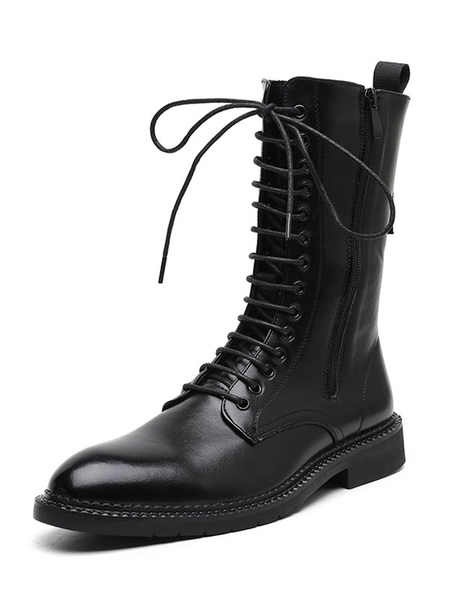 Milanoo Ankle Boots For Man Amazing Round Toe PU Leather Lace Up Black Martin Boots