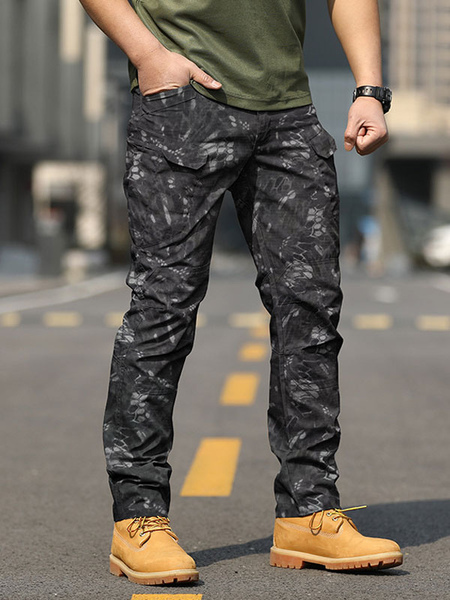 Milanoo Men Trousers Casual Camouflage Natural Waist Straight Cargo Pant Black Pants