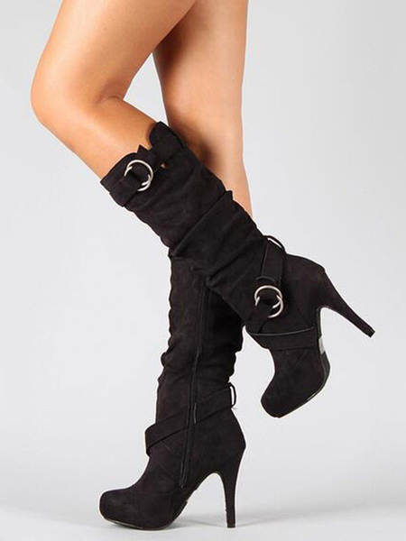 Milanoo Women's Slouch Buckles Stiletto Heel Knee High Boots