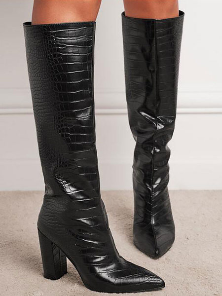 Bottes hautes noires à talons épais et imprimé crocodile pour femmes