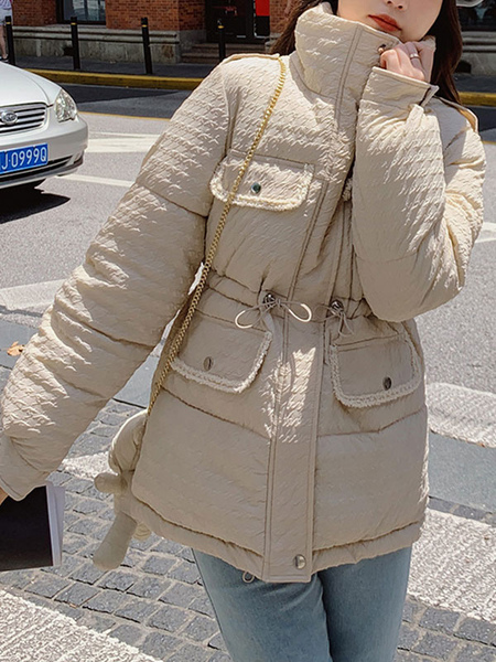 Milanoo Puffer Coats Ecru White Warmth Preservation Stand Collar Zipper Long Sleeves Winter Outerwea