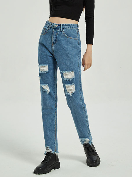 Milanoo Women Jeans Modern Blue Tapered Fit Cowboy Denim Trousers