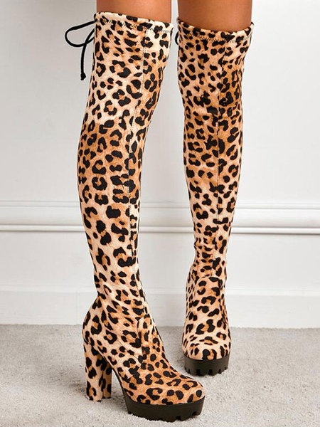 Milanoo Women's Leopard Print Chunky Heel Platform Over the Knee Boots