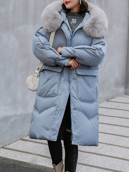 Milanoo Puffer Coats For Women Light Sky Blue Faux Fur Collar Hooded Zipper Long Sleeves Casual Thic