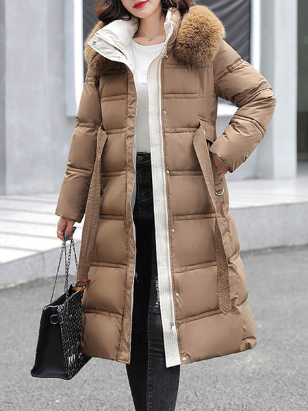 Milanoo Puffer Coats For Women White Stand Collar Faux Fur Long Sleeves Long Winter Outerwear