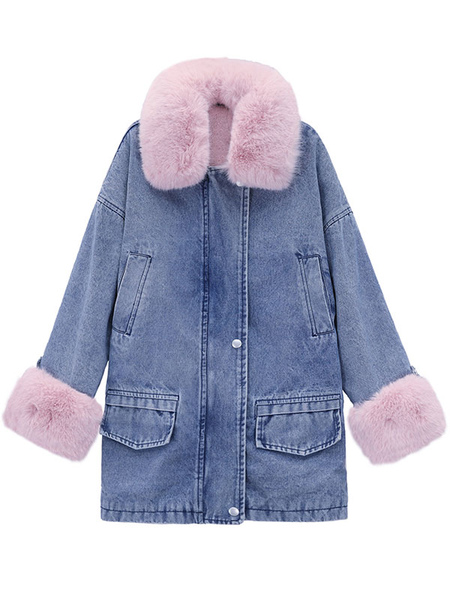 Milanoo Puffer Coats For Women Pink Faux Fur Turndown Collar Long Sleeves Casual Thicken Winter Coat