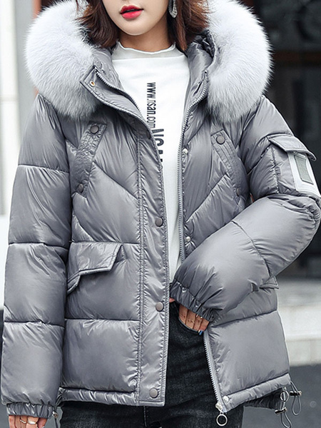 Milanoo Puffer Coats For Women Gray Zipper Hooded Long Sleeves Casual Thicken Winter Coat Short Oute