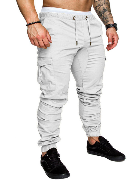 Milanoo Pants For Men Casual Natural Waist Straight Cargo Pant White Pants