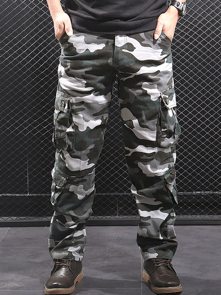 Milanoo Pants For Men Comfy Camouflage Natural Waist Straight Cargo Pant Grey Pants