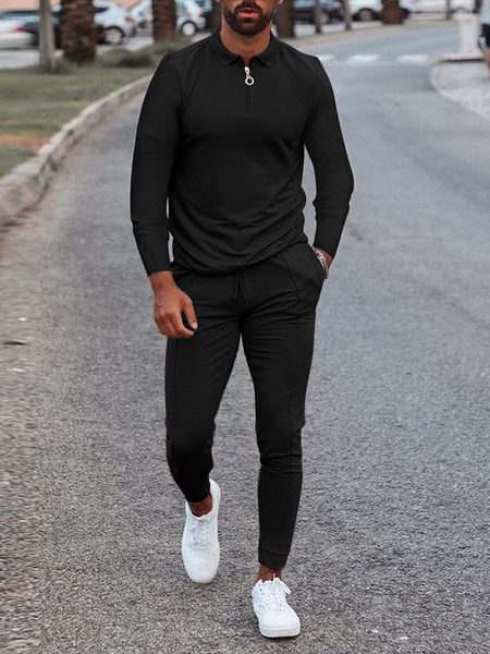 Milanoo Men\\'s Activewear 2-Piece Long Sleeves Turndown Collar Black