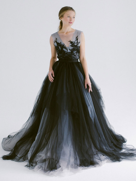 Milanoo Black Wedding Dresses A-Line Sleeveless Backless Tulle Lace With Train Bridal Gown