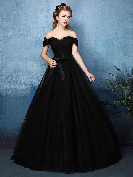 Milanoo Black Wedding Dresses A Line Sleeveless Backless Bows Tulle Floor Length Bridal Dress
