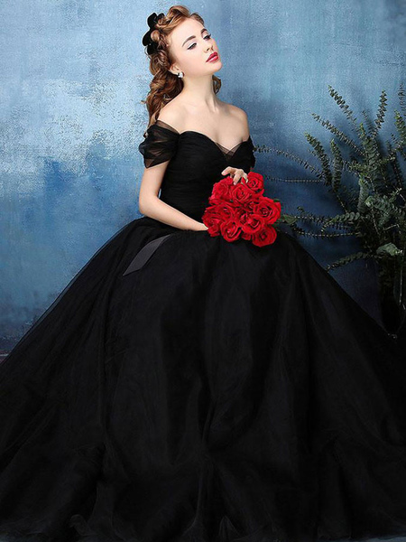 Milanoo Black Wedding Dresses A Line Sleeveless Backless Bows Tulle Floor Length Bridal Dress