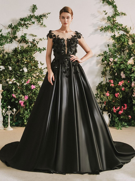 Milanoo Black Wedding Dresses A-Line Sleeveless Natural Waist Lace Satin Fabric With Train Bridal Dr