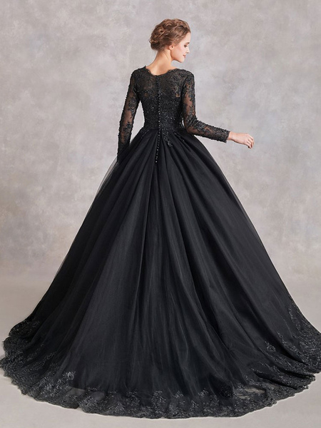 Milanoo Black Wedding Dresses Lace A Line Long Sleeves Natural Waist Lace With Train Bridal Dress