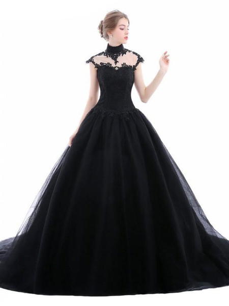 Milanoo Gothic Wedding Dresses A-Line Sleeveless Backless Natural Waist Lace With Train Black Bridal