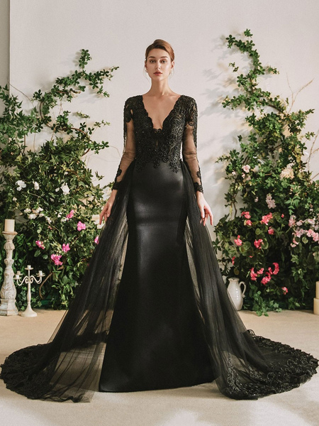 Milanoo Black Wedding Dresses Mermaid Long Sleeves Zipper Lace Floor-Length Bridal Dress