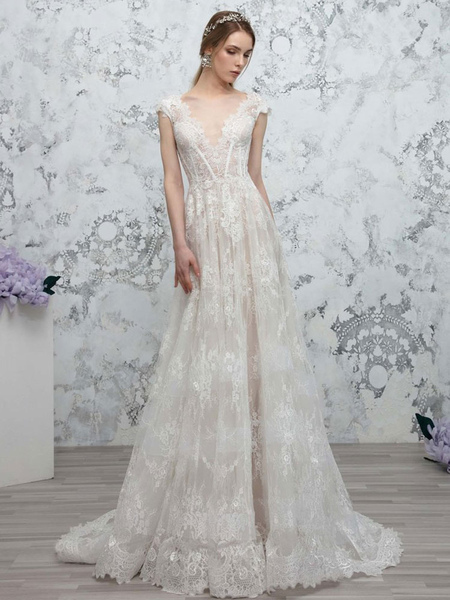 Milanoo White Simple Wedding Dress V Neck Sleeveless Backless Lace A Line Long Bridal Dresses