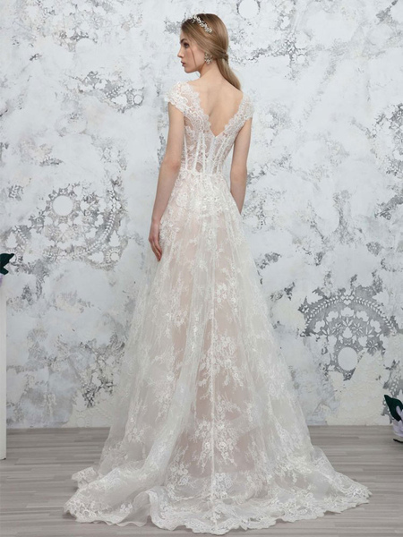 Milanoo White Simple Wedding Dress V Neck Sleeveless Backless Lace A Line Long Bridal Dresses