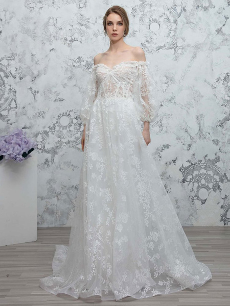 Milanoo White Simple Wedding Dress A Line Bateau Neck Long Sleeves Backless Lace Bridal Gowns