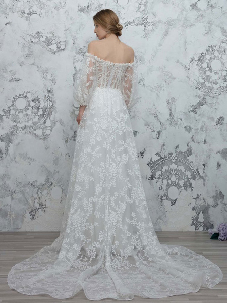 Milanoo White Simple Wedding Dress A Line Bateau Neck Long Sleeves Backless Lace Bridal Gowns