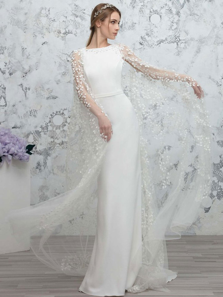 Milanoo Ivory Simple Wedding Dress Satin Fabric Jewel Neck Sleeveless Lace Satin Fabric Long Mermaid