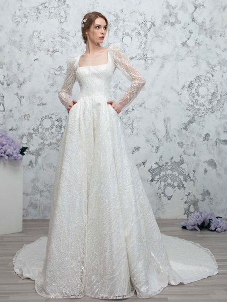 Milanoo Ivory Simple Wedding Dress Satin Fabric Square Neck Long Sleeves Lace A Line Bridal Gowns