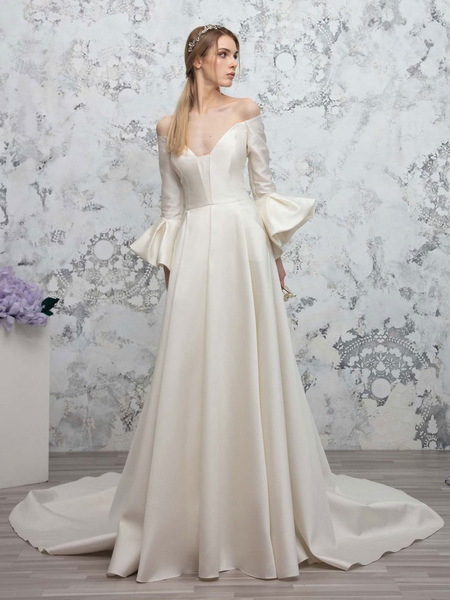 Milanoo Elfenbein Einfaches Hochzeitskleid A-Linie V-Ausschnitt Lange Ärmel Satin Stoff Lange Brautk