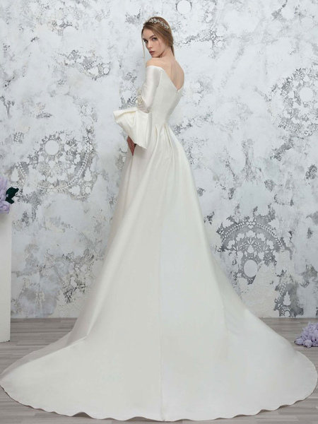 Milanoo Ivory Simple Wedding Dress A Line V-Neck Long Sleeves Satin Fabric Long Bridal Gowns