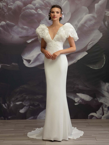 Milanoo Ivory Wedding Dress V Neck Short Sleeves Natural Waist Lace With Train Lace Stretch Crepe Lo