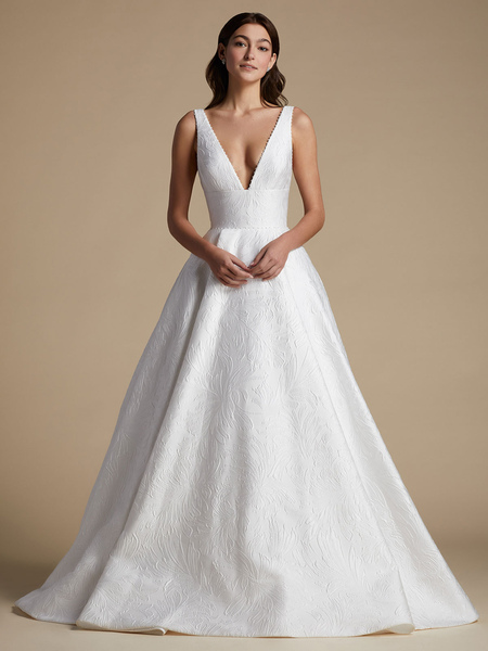 Milanoo Weißes einfaches Hochzeitskleid Satin Stoff V-Ausschnitt ärmellos rückenfrei natürliche Tail