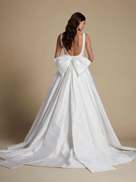 Milanoo White Simple Wedding Dress Satin Fabric V-Neck Sleeveless Backless Natural Waist Bows A Line