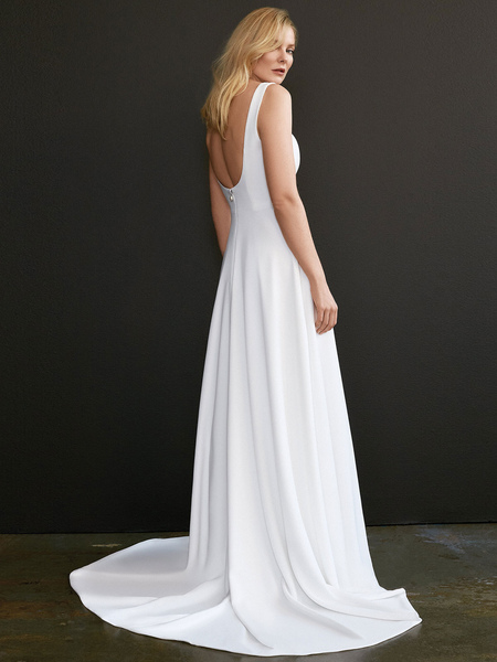Milanoo White Simple Wedding Dress A Line Square Neck Sleeveless Backless Stretch Crepe Long Bridal