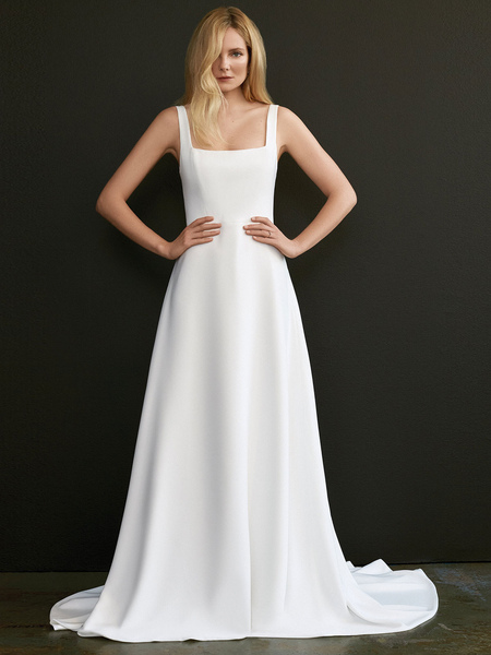Milanoo Weißes einfaches Hochzeitskleid A-Linie Quadratischer Ausschnitt Ärmellos Rückenfreies Stret