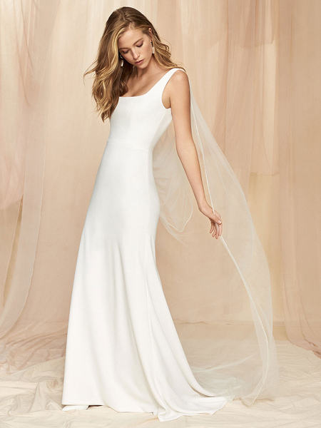 Milanoo Ivory Simple Wedding Dress Sheath Square Neck Sleeveless Backless Stretch Crepe Tulle Long B
