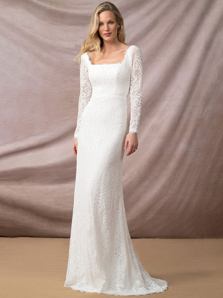 Milanoo Weißes einfaches Brautkleid Spitze eckiger Ausschnitt mit langen Ärmeln rückenfreie Schleife