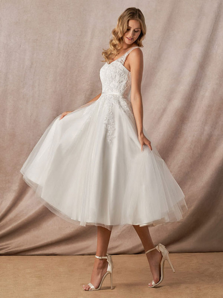 Milanoo White Simple Wedding Dress A Line V Neck Sleeveless Backless Lace Bridal Dresses