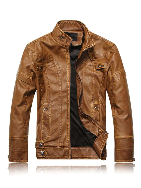 Milanoo Jacket For Men Pockets PU Leather Modern Khaki Jacket