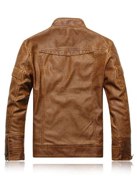 Milanoo Jacket For Men Pockets PU Leather Modern Khaki Jacket