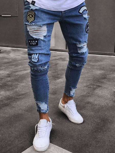 Men’s Jeans Jeans For Men Chic Distressed Antique Design Skinny Light Sky Blue Deep Blue